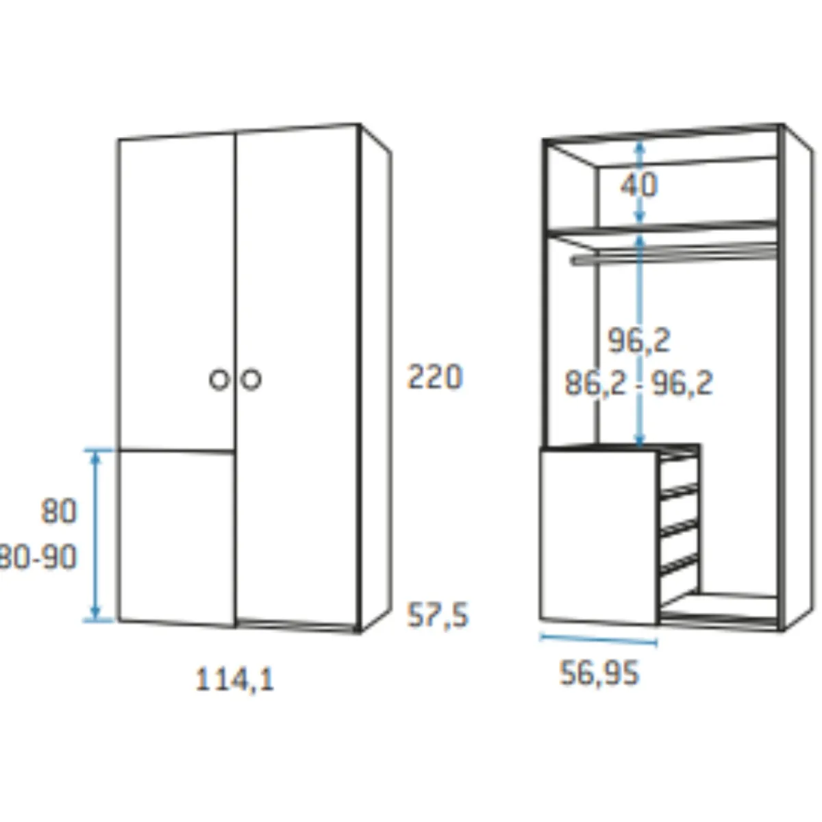 Outlet MyMobel Armario 2 puertas con con cajones y barra de colgar DUSER 155